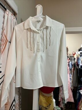 Camilla White Button-Down Blouse with Beaded Fringe